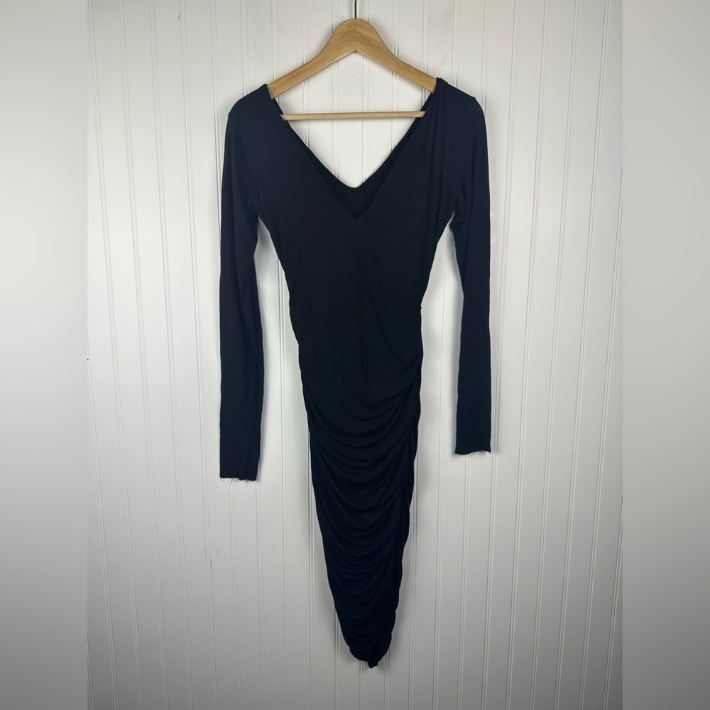 Bailey 44 Black Deep V Ruched Long Sleeve Midi Dress Women’s Medium